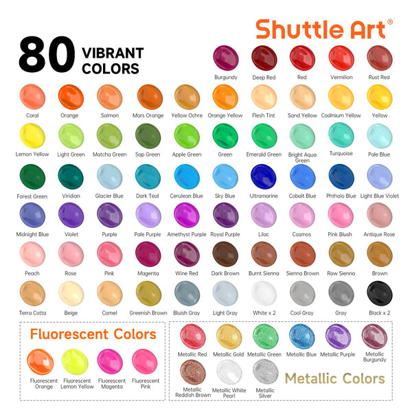 Shuttle Art 80 Pack Acrylic Paints Set, 78 Colours Acrylic Paint (2oz,60ml) with Extra White Black Piants & 12 Brushes, Rich Pigmented, Water Proof