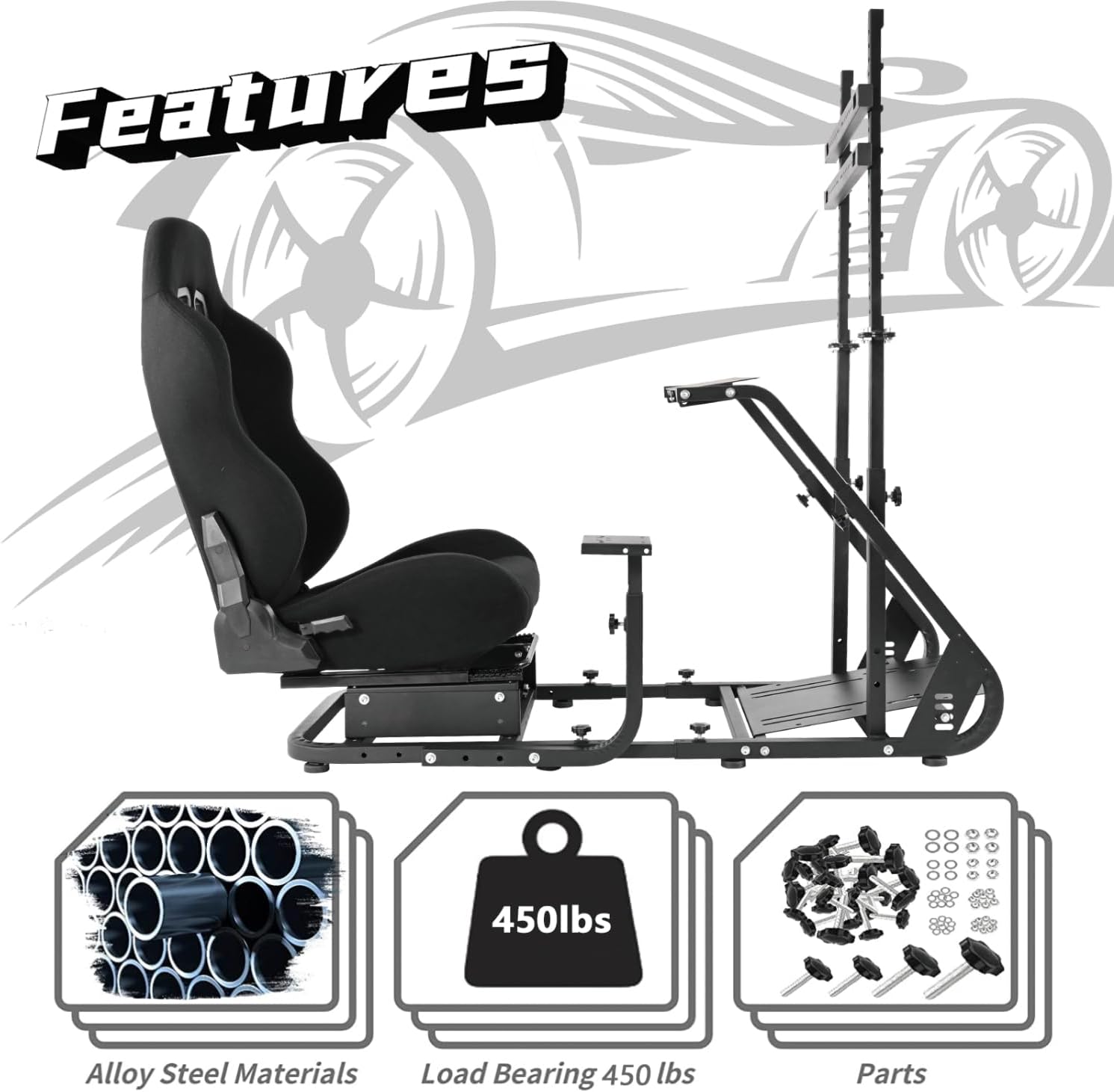 Dardoo Professional Sim Racing Cockpit - Adjustable, Compatible with Logitech/Thrustmaster - Includes Seat and Monitor Stand (Not including all electronic devices)