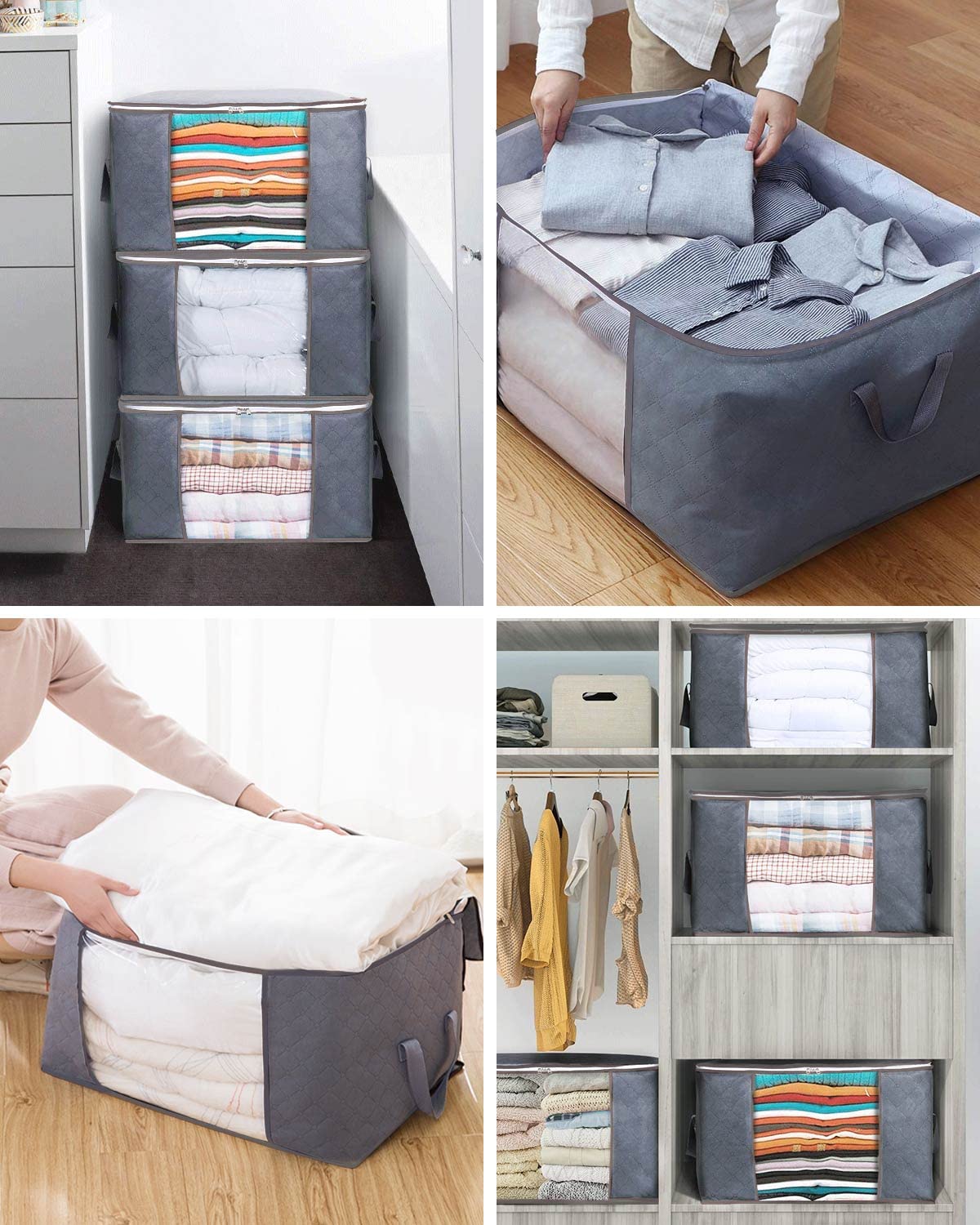 KALAHOL 90L Large Capacity Clothes Storage Bags with Zips, Storage Boxes with Lids, Reinforced Handle, Foldable, Thick Fabric, for Comforters, Clothes, Blankets, Bedding, 4 Pack, Dark Grey