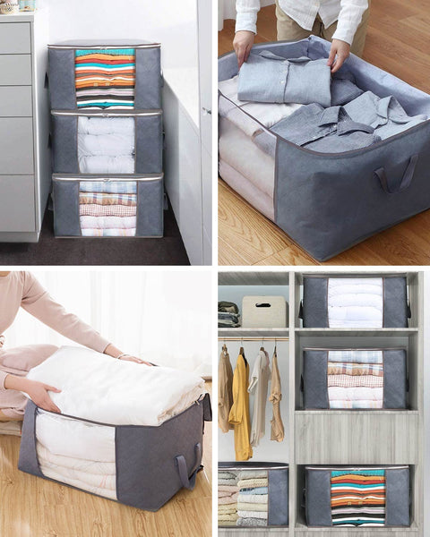 KALAHOL 90L Large Capacity Clothes Storage Bags with Zips, Storage Boxes with Lids, Reinforced Handle, Foldable, Thick Fabric, for Comforters, Clothes, Blankets, Bedding, 4 Pack, Dark Grey