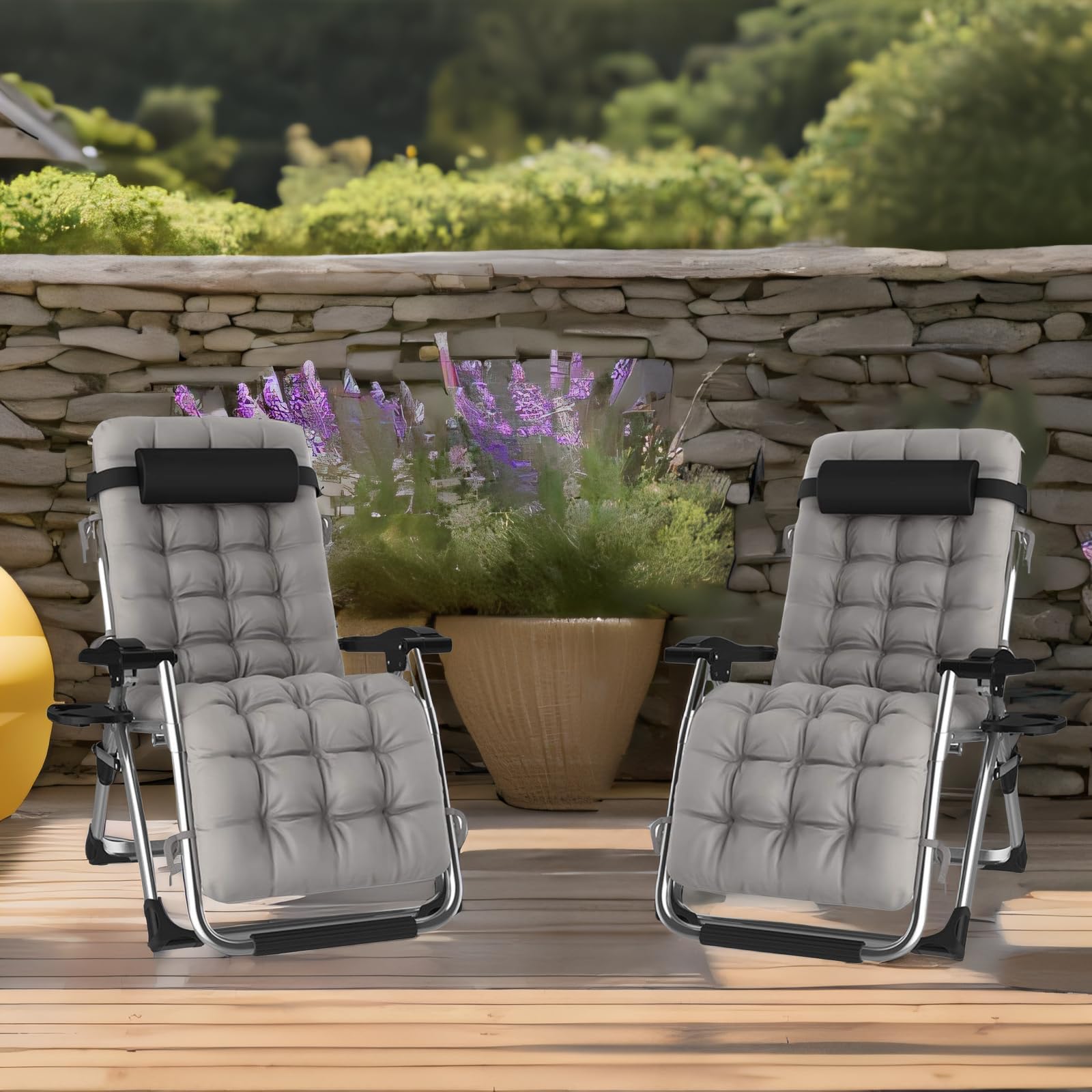DQCHAIR Outdoor Reclining Zero Gravity Chair with Cup Holder, Extra Wide Adjustable Lounger Chair for Patio Garden Beach Pool, With Cushions Support 200kg (Black1)