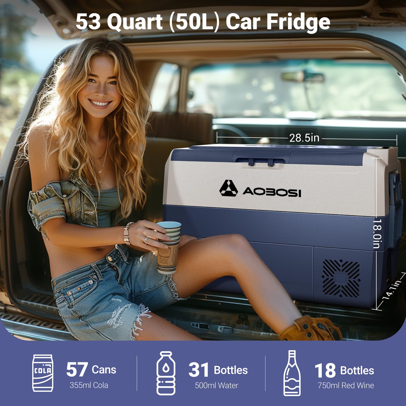 AAOBOSI Compressor Camping Fridge 95L, Car Fridge Dual Zone with 12/24V DC and 100-240V AC, -20°C to 20°C Portable Freezer for Car, Campervan, Lorry, Truck, Boat