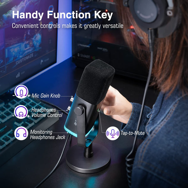 FIFINE XLR/USB Gaming Microphone, Studio Dynamic Streaming Mic, Computer Desktop Stand Microphone for Podcast, VoiceOver, Recording, with RGB, Mute, Monitoring Headphone Jack, Gain Knob, Black-AM8