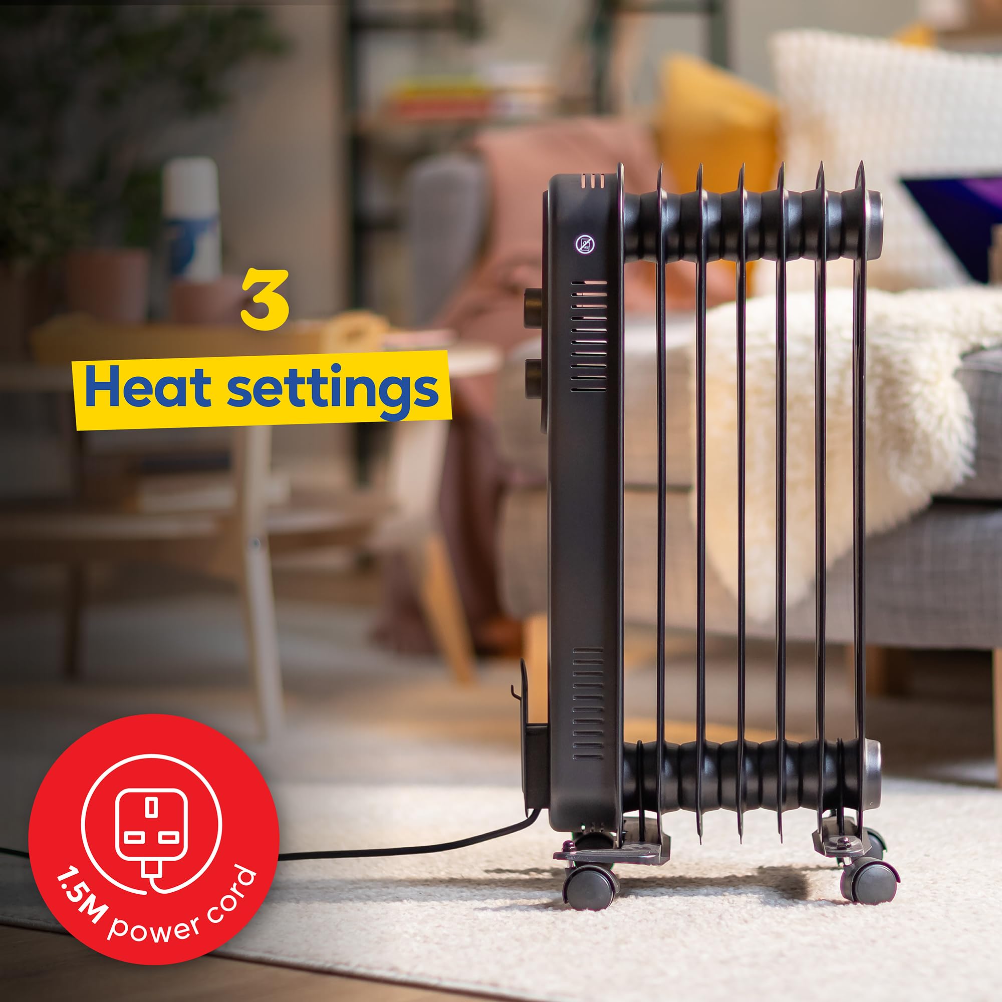 Russell Hobbs 1500W/1.5KW Oil Filled Radiator, 7 Fin Portable Electric Heater - Anthracite, Adjustable Thermostat, 3 Heat Settings, Overheat Protection, 15m sq Room Size, 2 Year Guarantee RHOFR7004A