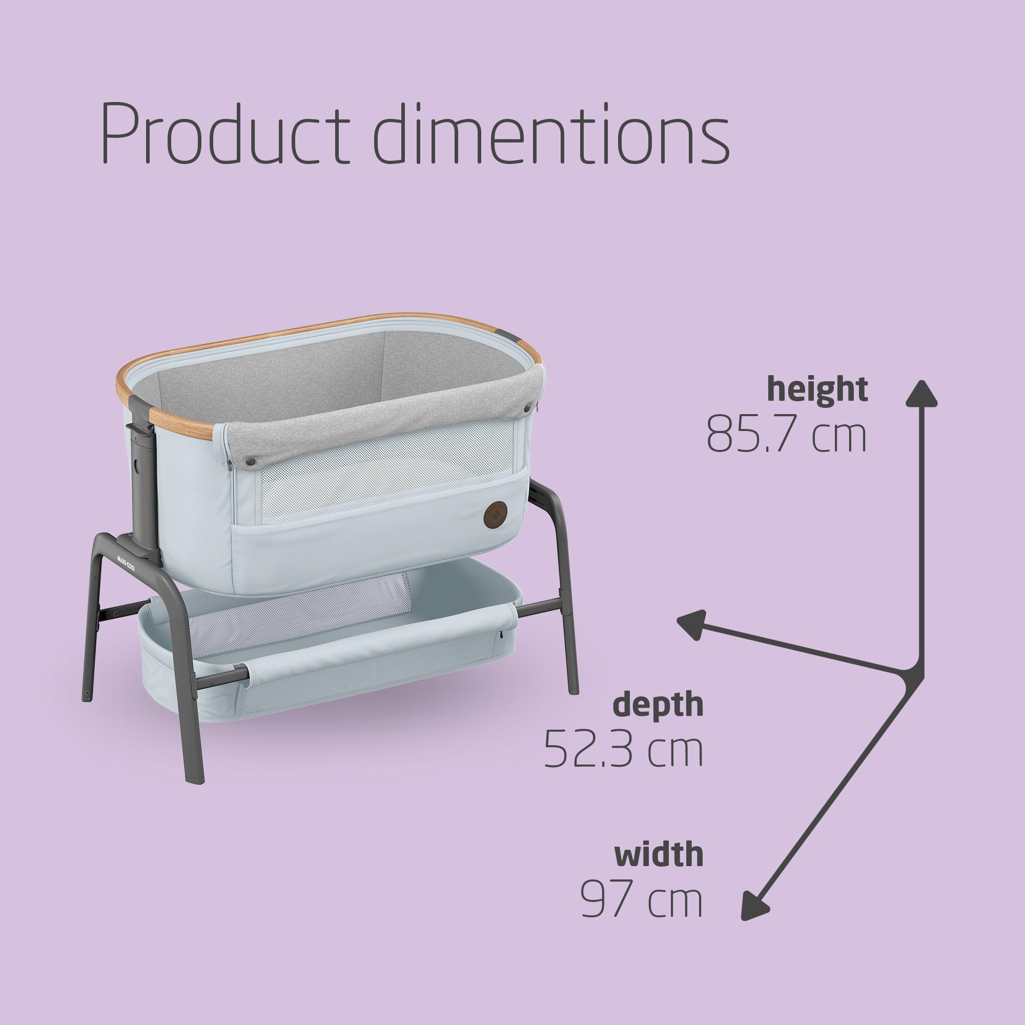 Maxi-Cosi Iora Co-Sleeper Crib, Foldable Baby Bedside Crib, 0–6 Months, max 9 kg, 4 Incline & 5 Height Positions, Easy Slide, Comfortable Mattress, Large Basket, Easy to Carry, Essential Grey