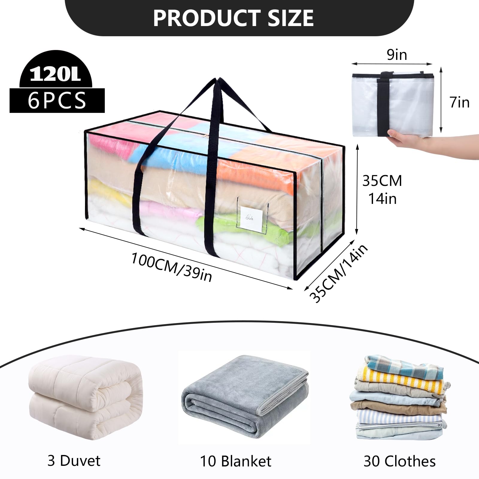 Dntorx 6 Pack 120L Moving Bags, Heavy Duty Moving Totes, Clear Waterproof Storage Bag with tag Window, Large Packing Bags with Zips for Clothes