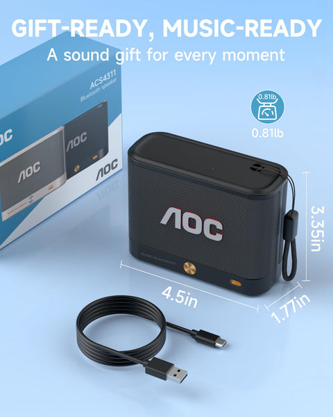AOC Portable Bluetooth Speaker, BT 5.4, Stereo Sound & BassUp, IP65 Waterproof, 30H Battery, Wireless Pairing, Compact Mini Speaker for Travel & Outdoor – Black