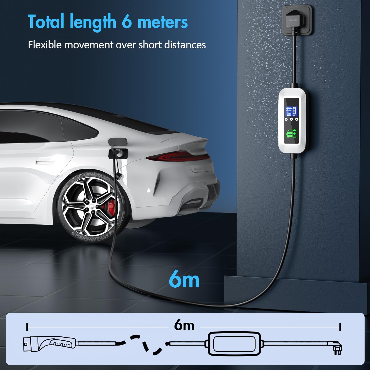 EV Charger Cable Type 2 to 3 Pin Plug 3KW, 6M, 6/8/10/13A, Adjustable Current EV Charger,With LED Screen Timing Delay IP66/IP65, With Carry Bag and Type 2 EV Cable Holder for EVs and PHEVs