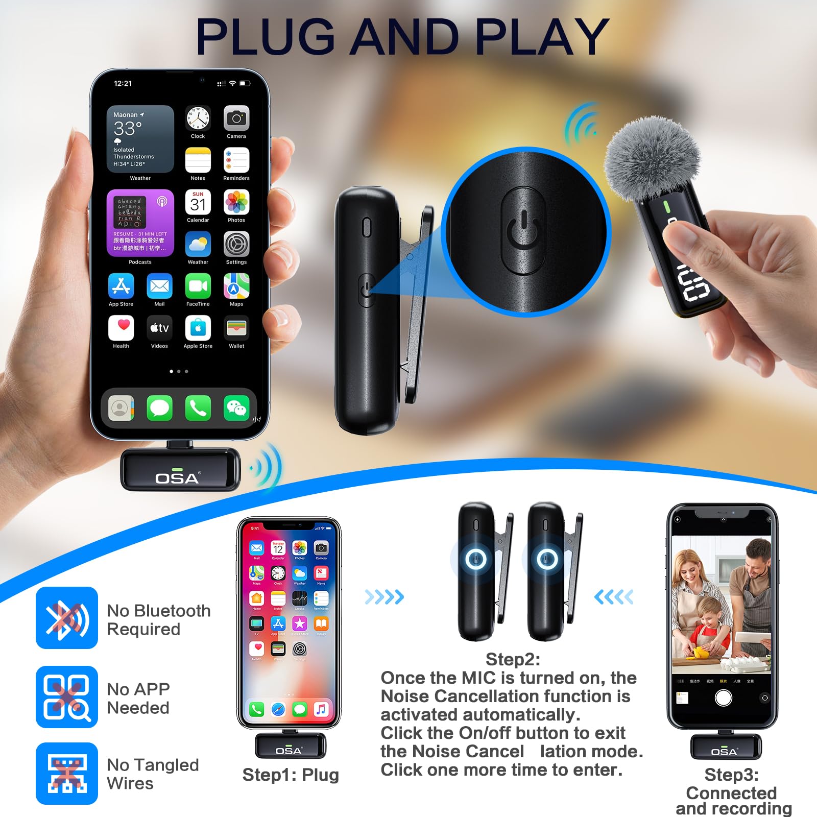 OSA Wireless Microphone for iPhone iPad with Smart Charge Case and Digital Display, 40H Clip on Wireless Lavalier Microphone with Noise Reduction for Video Recording, Plug & Play (2 Mic, 2 Recive)