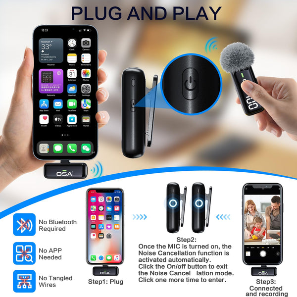 OSA Wireless Microphone for iPhone iPad with Smart Charge Case and Digital Display, 40H Clip on Wireless Lavalier Microphone with Noise Reduction for Video Recording, Plug & Play (2 Mic, 2 Recive)