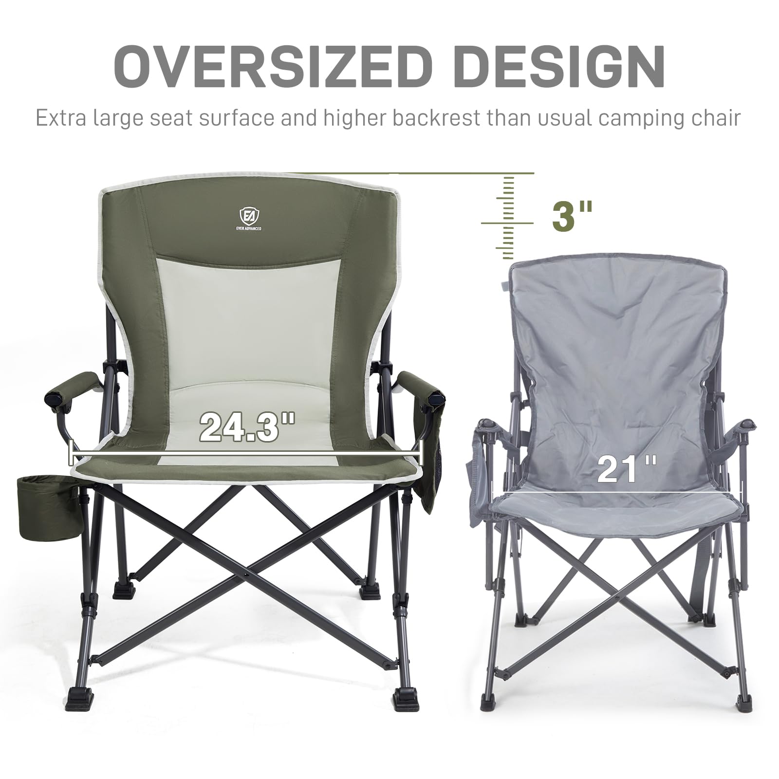 EVER ADVANCED Camping Chair for Adults Oversized 230KG, Folding Chair for Heavy People with Side Pocket, Heavy Duty Extra Wide with Hard Armrest Foldable Garden Fishing Outdoor Fold up