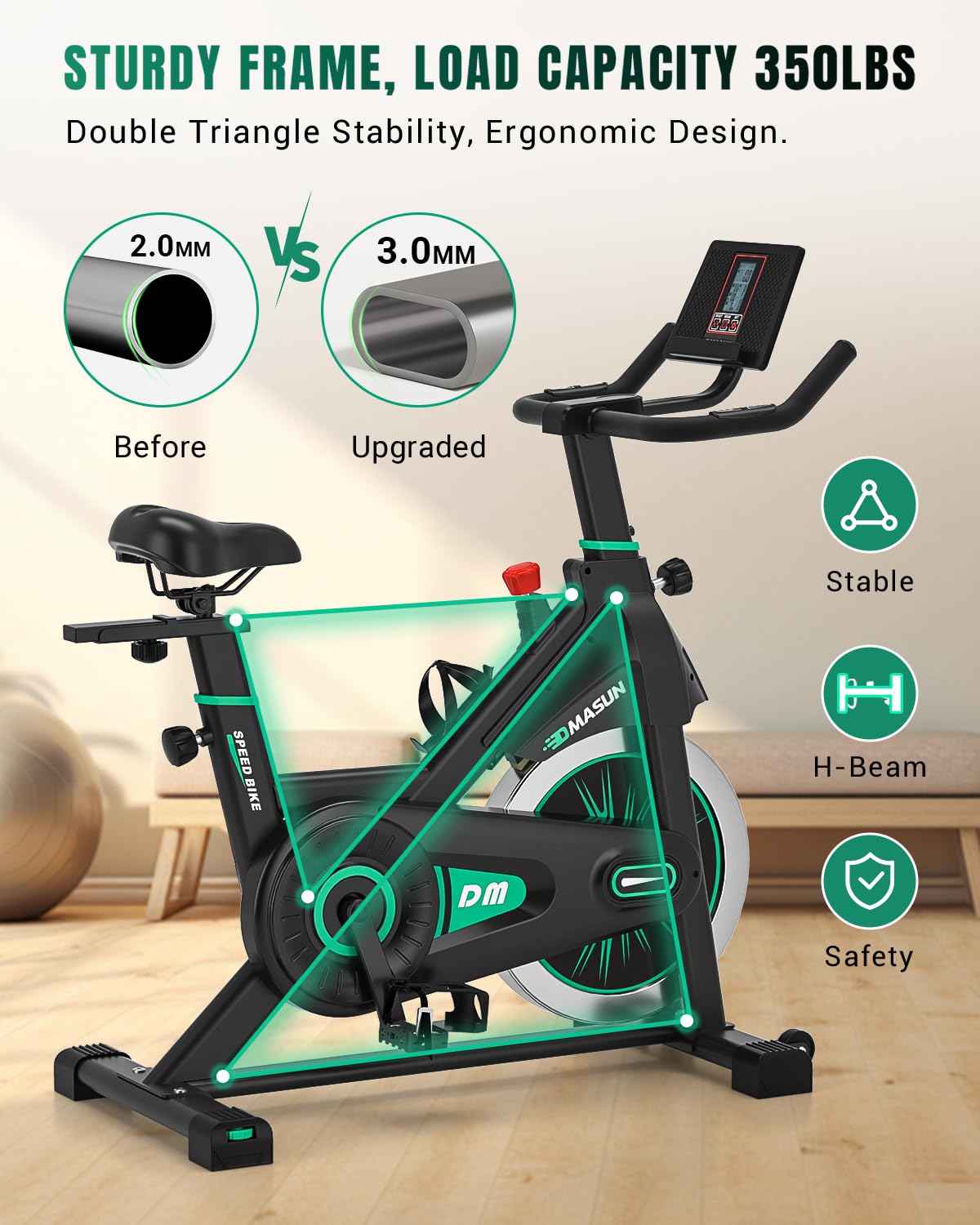 DMASUN Exercise Bike Professional with Large Tablet Holder & LCD Display, Quiet Indoor Cycling Bike for Home Training Cardio with Heavier Flywheel, 0-100% Resistance Spin Bike with 350LBs Capacity