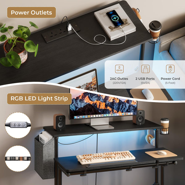 Dripex Mobile Standing Desk with Power Outlets & Strip Lights, Height Adjustable Desk With Cup Holder, Hook, Storage Bag, Rolling Sit-Stand Computer