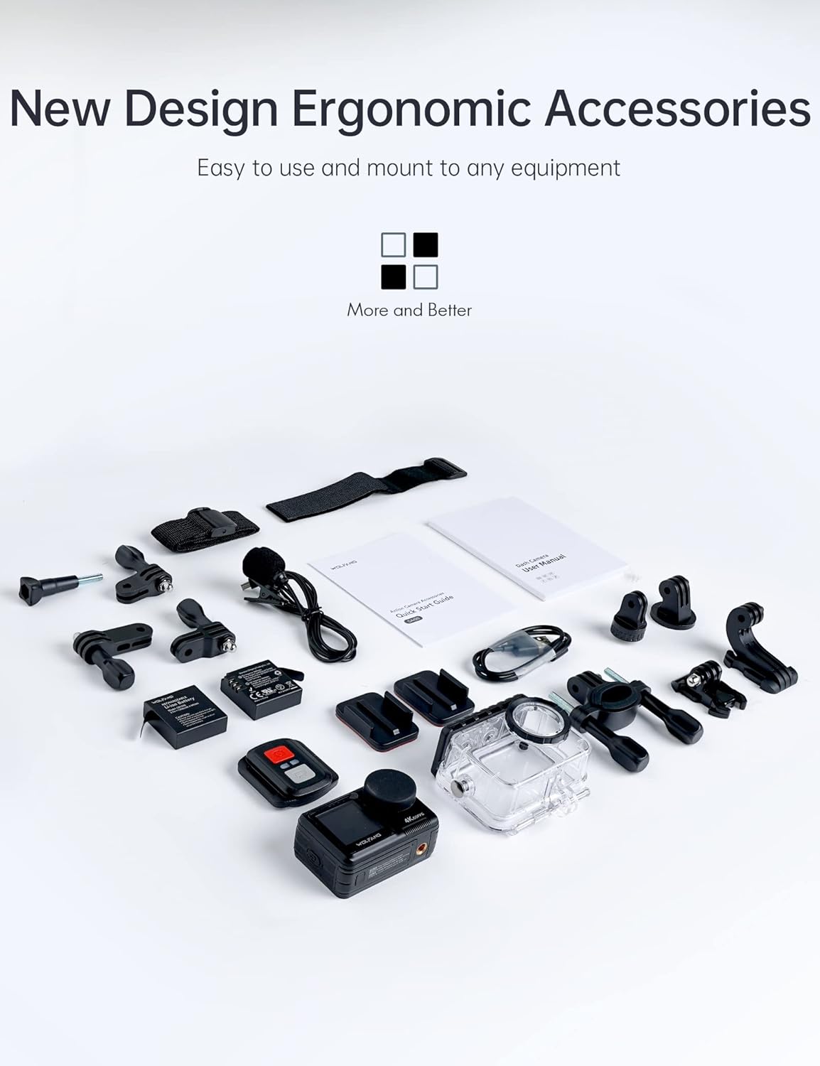 WOLFANG GA420 Dual Screen Action Camera 4K 60FPS 24MP Touchscreen Underwater Camera, 10M Body Waterproof/40M Waterproof Helmet Bike Camera with EIS, Remote Control, 2x1350mAh Batteries, Accessory Kit