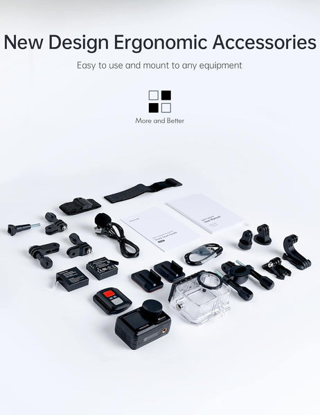 WOLFANG GA420 Dual Screen Action Camera 4K 60FPS 24MP Touchscreen Underwater Camera, 10M Body Waterproof/40M Waterproof Helmet Bike Camera with EIS, Remote Control, 2x1350mAh Batteries, Accessory Kit