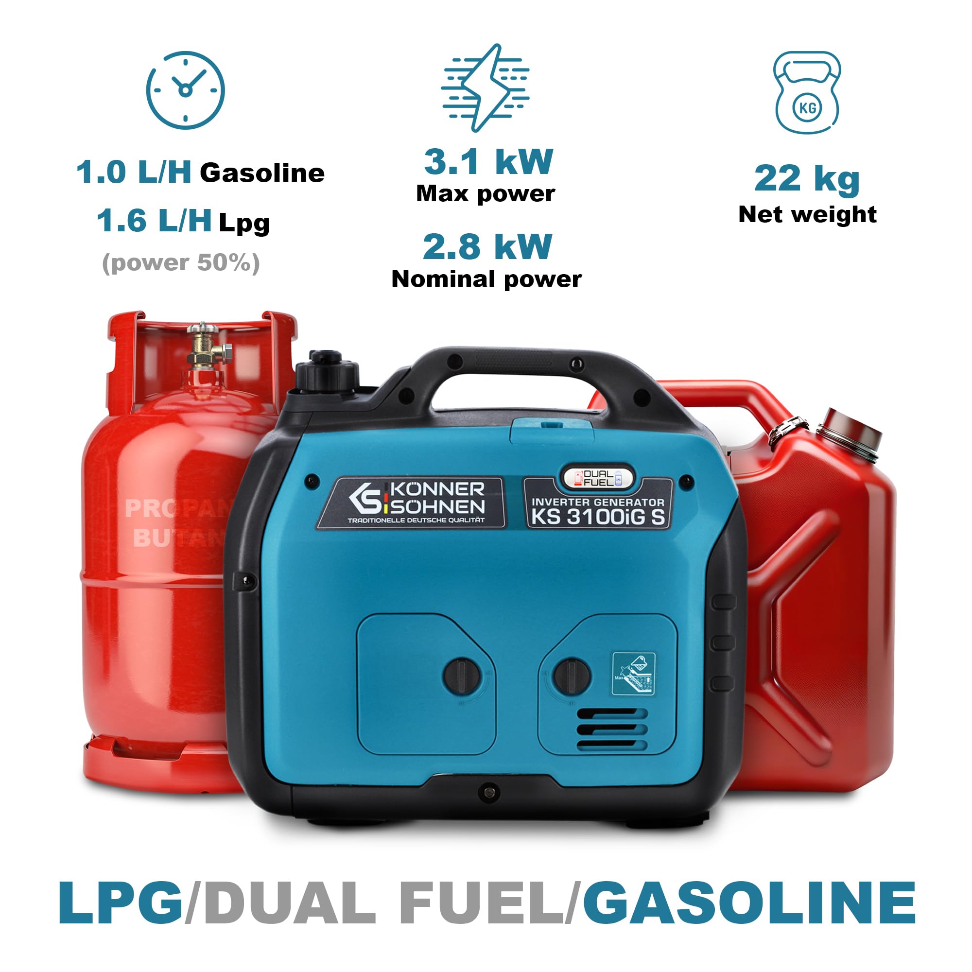 Könner & Söhnen KS 3100iG S portable LPG/petrol inverter generator 3100 W,UK Plug Socket 1x13 A (230 V), 2 USB ports,copper winding,silent inverter generator,dual fuel generator