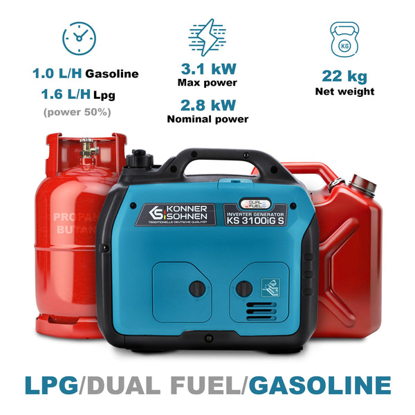 Könner & Söhnen KS 3100iG S portable LPG/petrol inverter generator 3100 W,UK Plug Socket 1x13 A (230 V), 2 USB ports,copper winding,silent inverter generator,dual fuel generator
