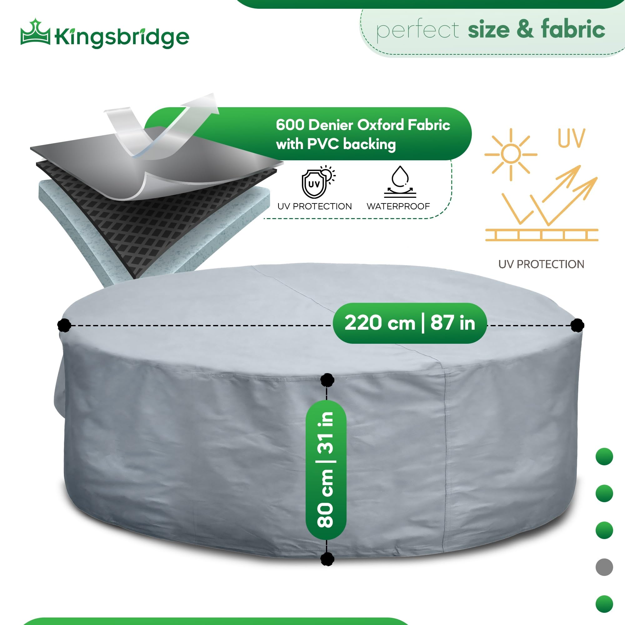Kingsbridge Grey Heavy Duty 600D Waterproof Round Patio Table Cover (220cm), Anti UV, Breathable, Double Stitching, 220x80cm