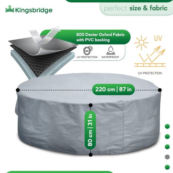 Kingsbridge Grey Heavy Duty 600D Waterproof Round Patio Table Cover (220cm), Anti UV, Breathable, Double Stitching, 220x80cm