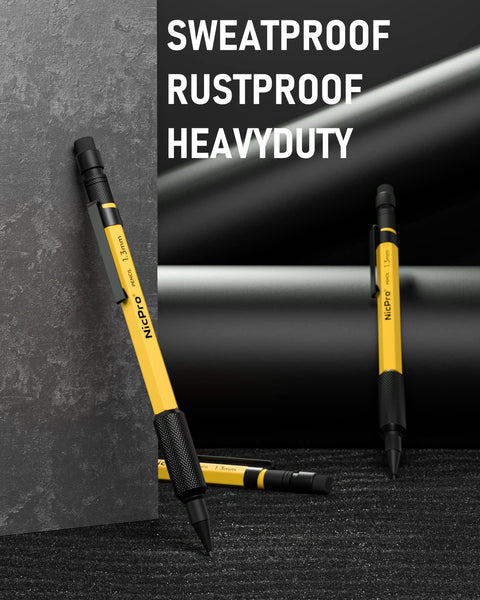 Nipro 3 PCS 1.3 mm Mechanical Pencil with Lead Refill, 3 Eraser - Weatherproof Metal Barrel, Heavy Duty Carpenter Pencil for Outdoor Marking Drafting Drawing Sketching Woodworking - with Case