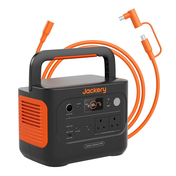 Jackery Explorer 1000V2 Portable Power Station (2024 New) + 2x 100W Solar Panels + 5M Extension Cable, 1070Wh LiFePO4, 1500W AC & 100W USB-C Output, 1-Hour Fast Charge