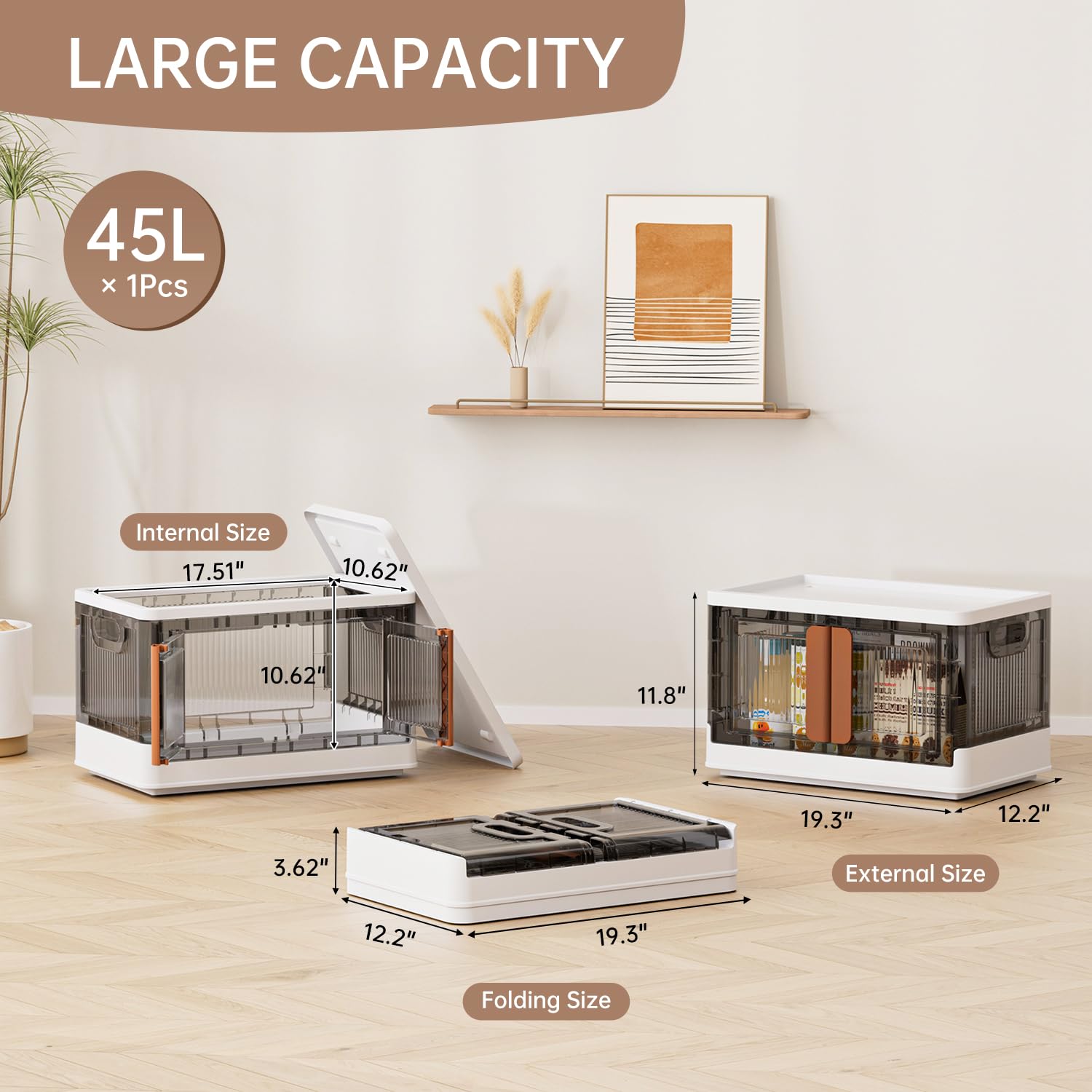 HAIXIN Storage Boxes with Lids, Plastic Storage Box with Lid, 45L Stackable Organiser Storage, Stackable Storage Boxes, Foldable Plastic Storage Box