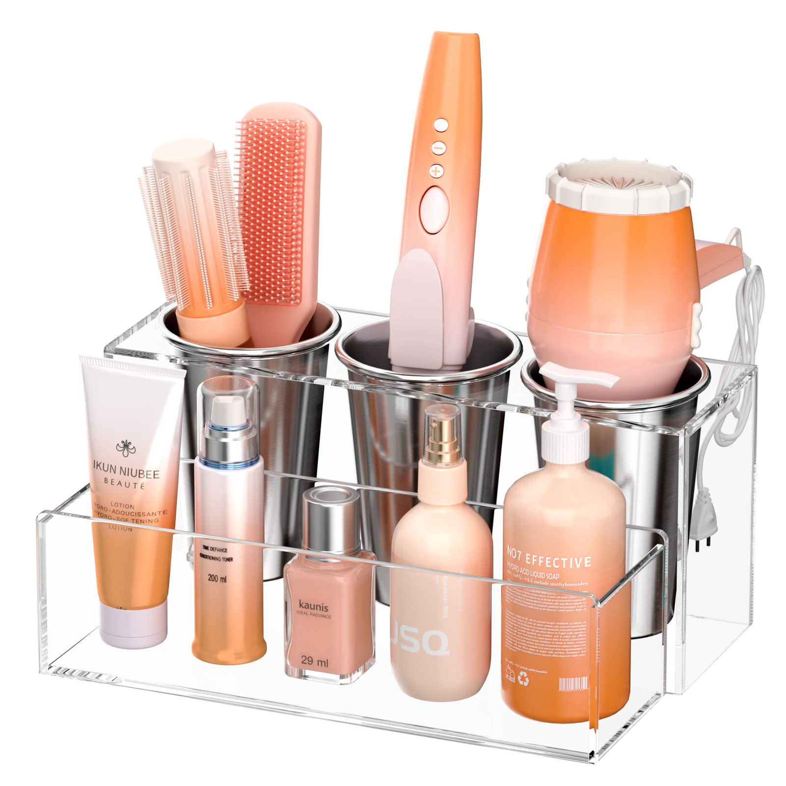NIUBEE Hair Tool Organizer, Acrylic Hair Dryer and Styling Holder, Bathroom Countertop Blow Dryer Organizer, Vanity Storage Stand for Accessories,