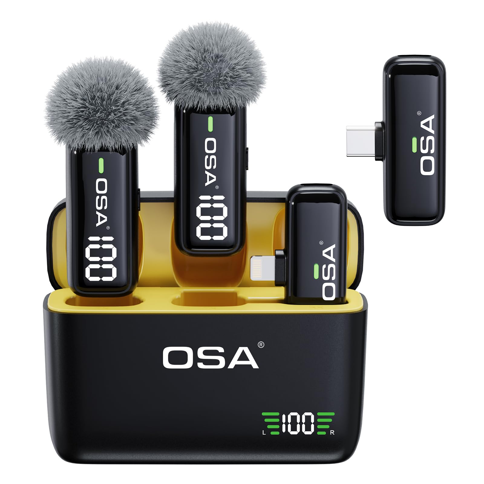 OSA Wireless Microphone for iPhone iPad with Smart Charge Case and Digital Display, 40H Clip on Wireless Lavalier Microphone with Noise Reduction for Video Recording, Plug & Play (2 Mic, 2 Recive)