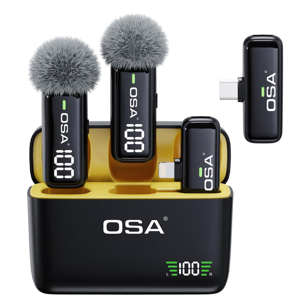 OSA Wireless Microphone for iPhone iPad with Smart Charge Case and Digital Display, 40H Clip on Wireless Lavalier Microphone with Noise Reduction for Video Recording, Plug & Play (2 Mic, 2 Recive)