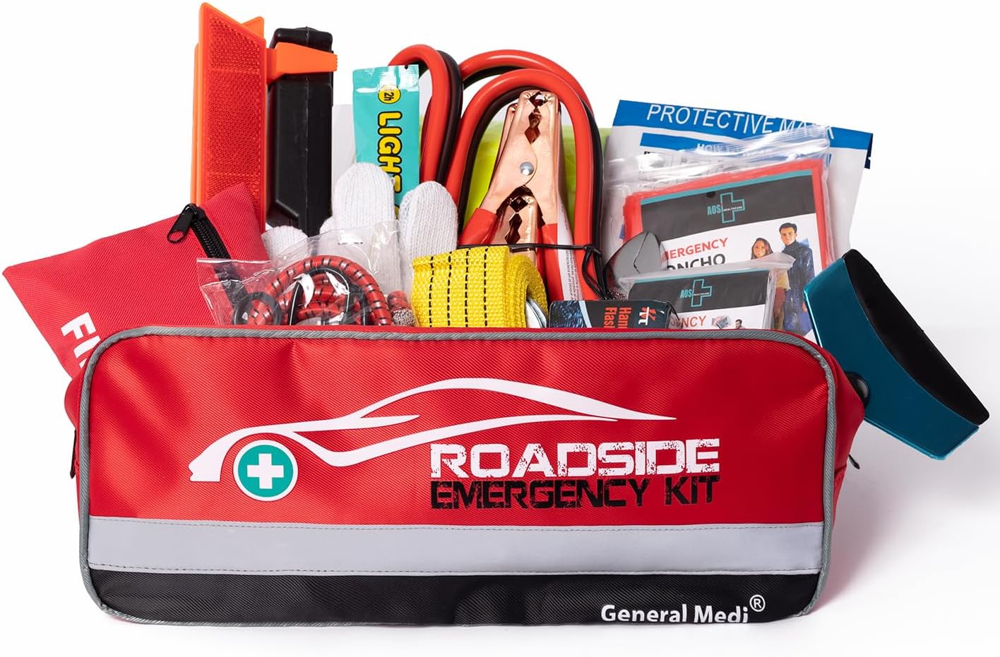 General Medi 127-Pieces Roadside Car Emergency Kit Include Mini First Aid Kit, Jumper Cables,Tow Rope, Bandage, Safety Vest, Emergency Triangle, All in One Pack