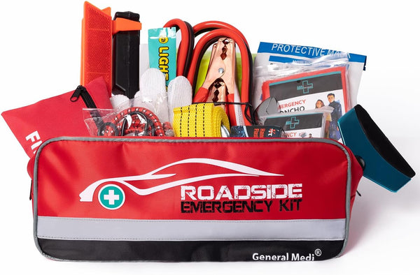 General Medi 127-Pieces Roadside Car Emergency Kit Include Mini First Aid Kit, Jumper Cables,Tow Rope, Bandage, Safety Vest, Emergency Triangle, All in One Pack