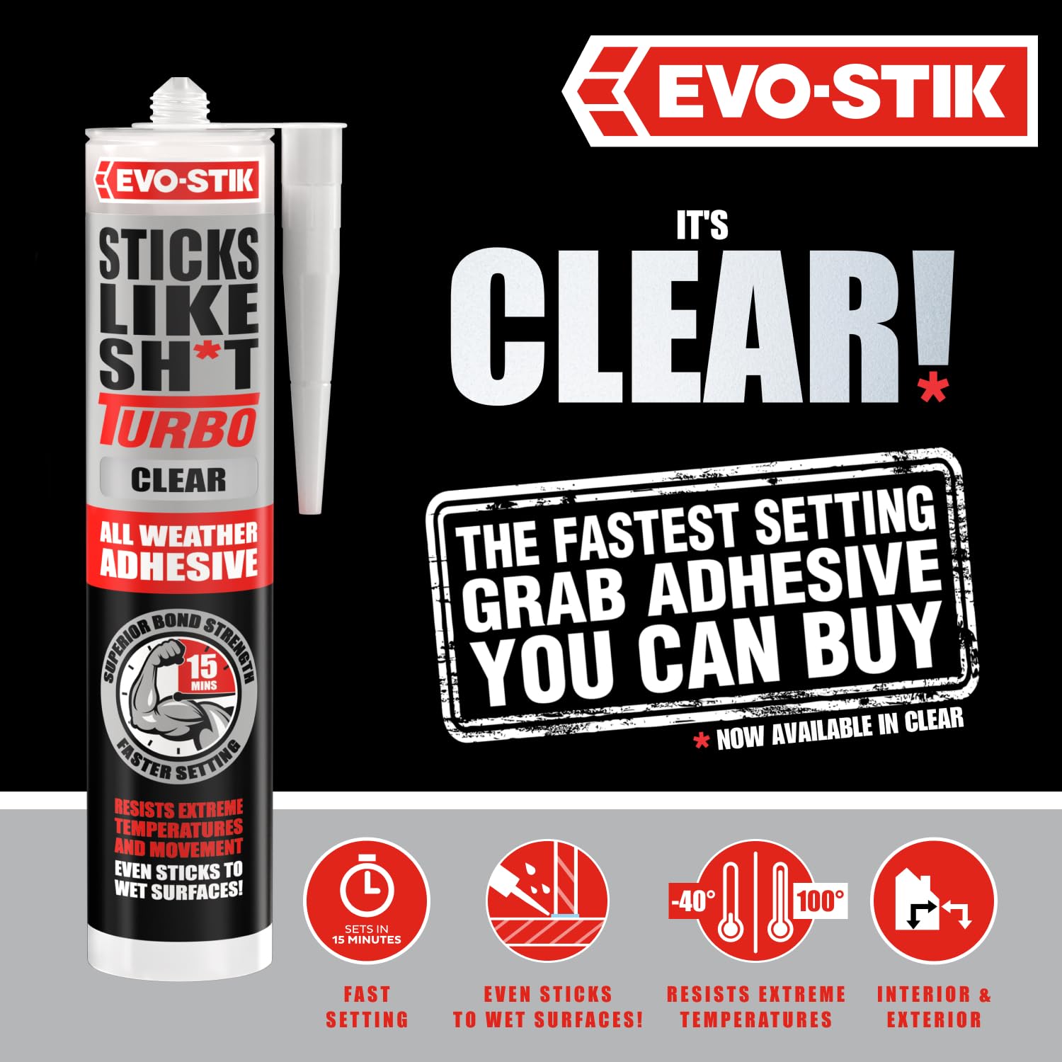 EVO-STIK Sticks Like Sh*t Turbo Adhesive, All Weather, Fast Setting, Extreme Temperature & Movement Resistant, White, 290ml