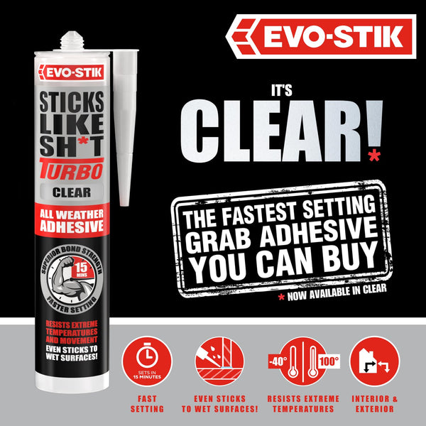 EVO-STIK Sticks Like Sh*t Turbo Adhesive, All Weather, Fast Setting, Extreme Temperature & Movement Resistant, White, 290ml