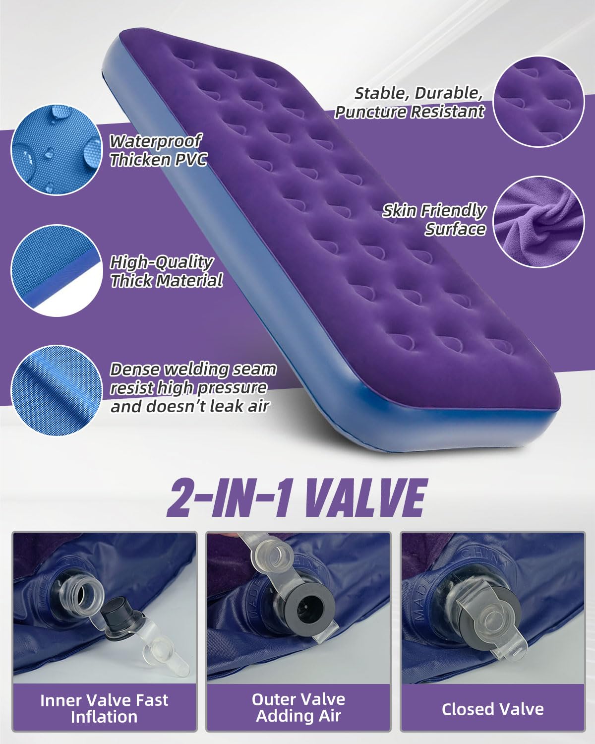 Victoper Inflatable Mattress, Quick Air Bed Blow Up Bed Single Camping Flocked Surface Coil Beam Construction Quick Inflation Air Mattress L188cm x W73cm x D22cm Max Weight 227kg