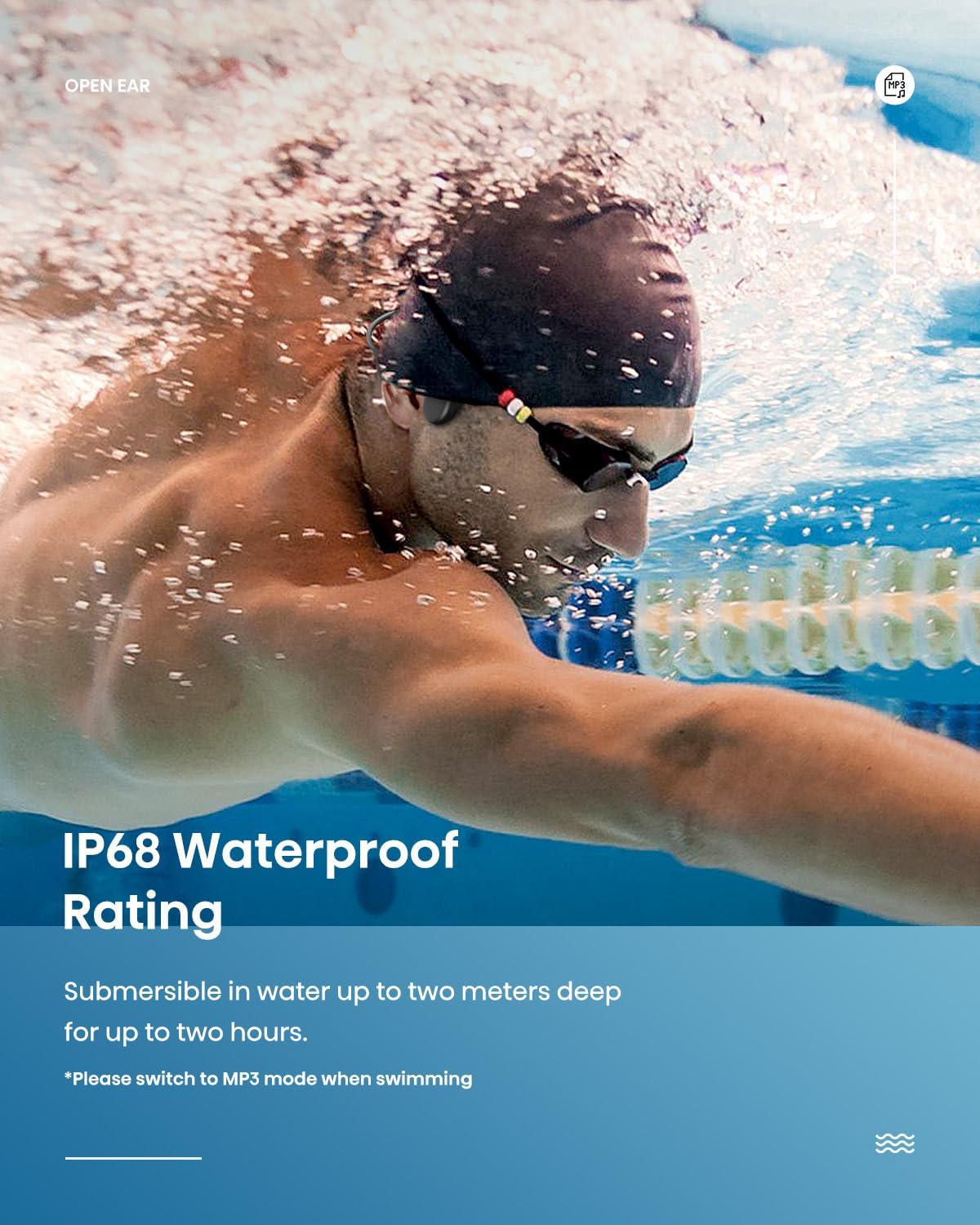 Guudsoud Swimming Headphones,Bone Conduction Headphones Bluetooth 5.3,IP68 Waterproof Open Earphones,Built-in MP3 Player 32G Memory, Wireless Sports Underwater Headphones for Swimming,Running,Cycling