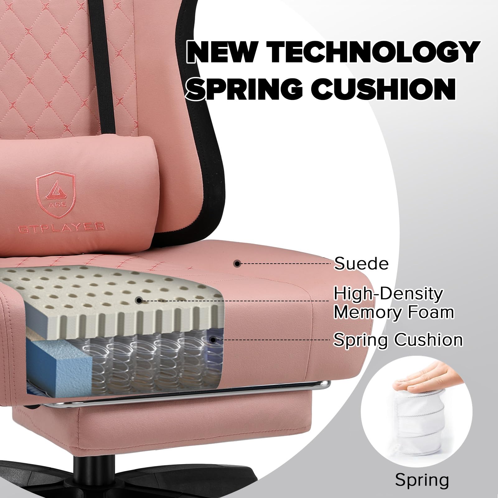 GTPLAYER Fabric Gaming Chair with Footrest, Ergonomic Computer Desk Chair with Pocket Spring Cushion Home Office High Back Support Lumbar Support Heavy Duty Wide