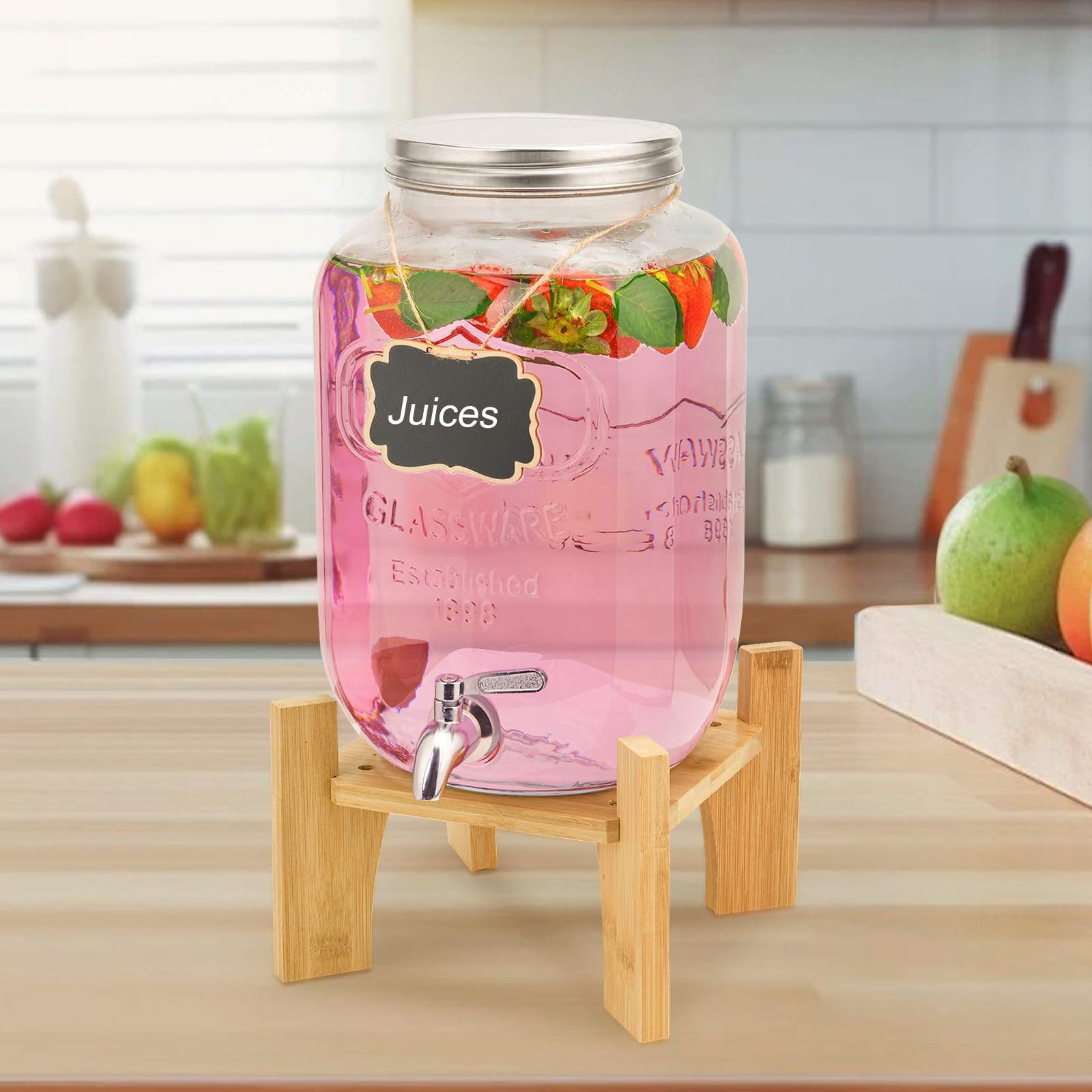 8L Glass Drink Dispenser with Stainless Tap, Glass Beverage Dispenser for Parties, Beverage Dispenser with Faucet and Bamboo Stand, Water Jug with Tap