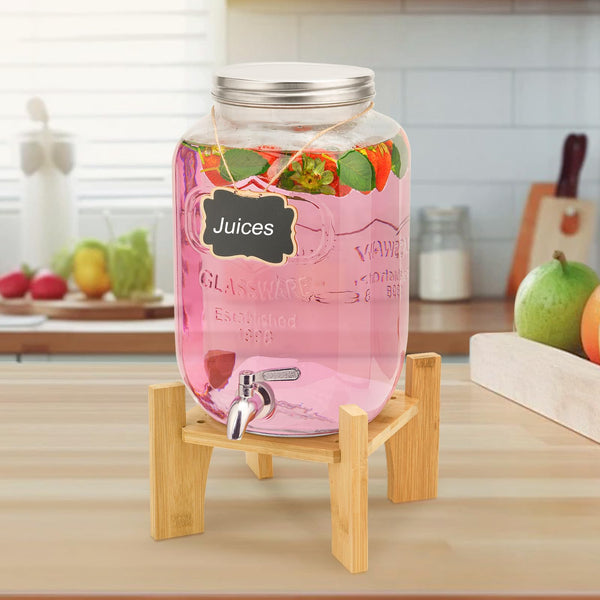8L Glass Drink Dispenser with Stainless Tap, Glass Beverage Dispenser for Parties, Beverage Dispenser with Faucet and Bamboo Stand, Water Jug with Tap