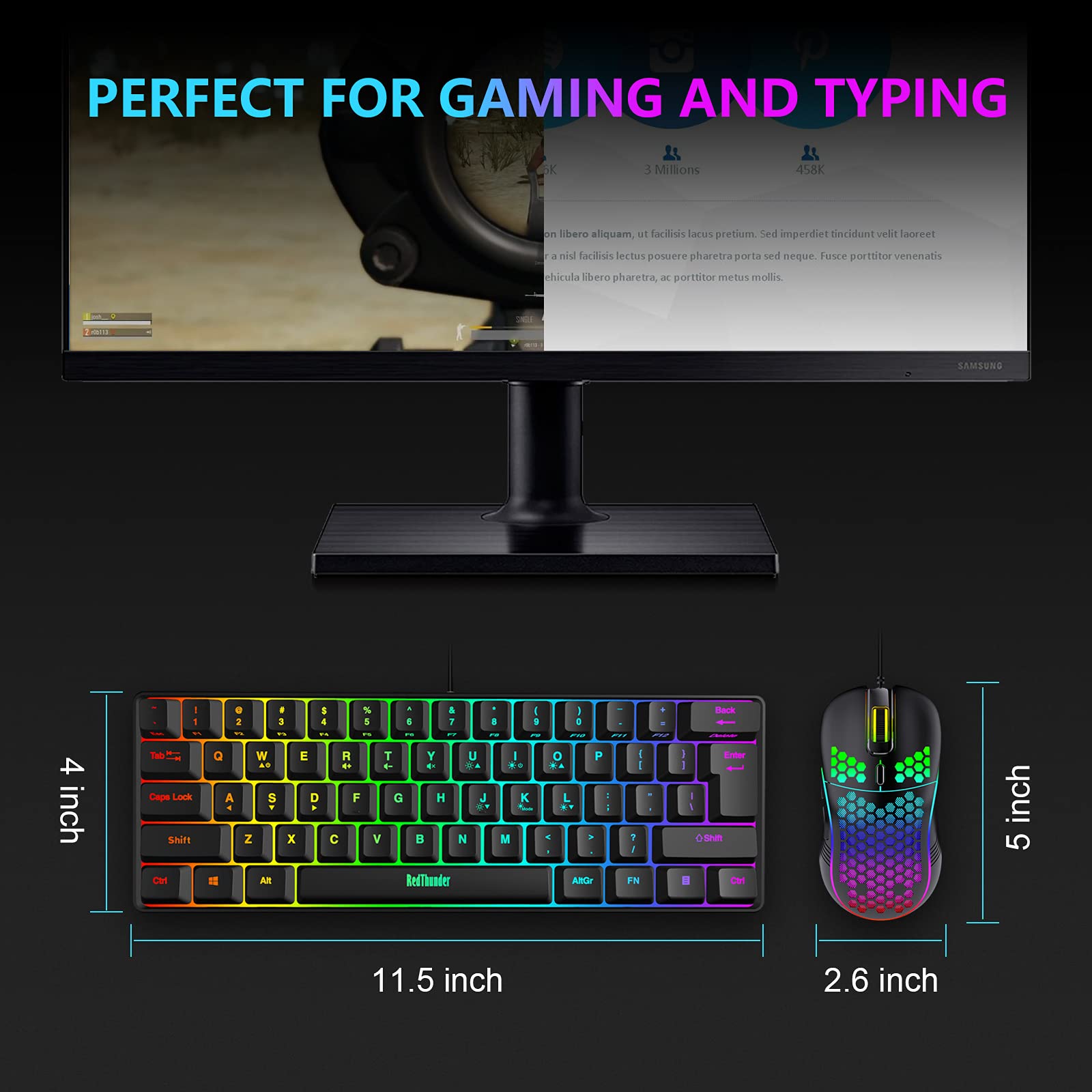 RedThunder 60% RGB Gaming Keyboard and Mouse Combo, UK Layout Ultra Compact Backlit Mini Keyboard, Lightweight 7200 DPI Cellular Optical Mouse, Portable Wired Gaming Set for PC PS5 Xbox Gamers (Black)