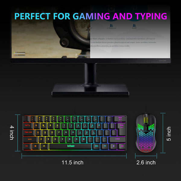 RedThunder 60% RGB Gaming Keyboard and Mouse Combo, UK Layout Ultra Compact Backlit Mini Keyboard, Lightweight 7200 DPI Cellular Optical Mouse, Portable Wired Gaming Set for PC PS5 Xbox Gamers (Black)