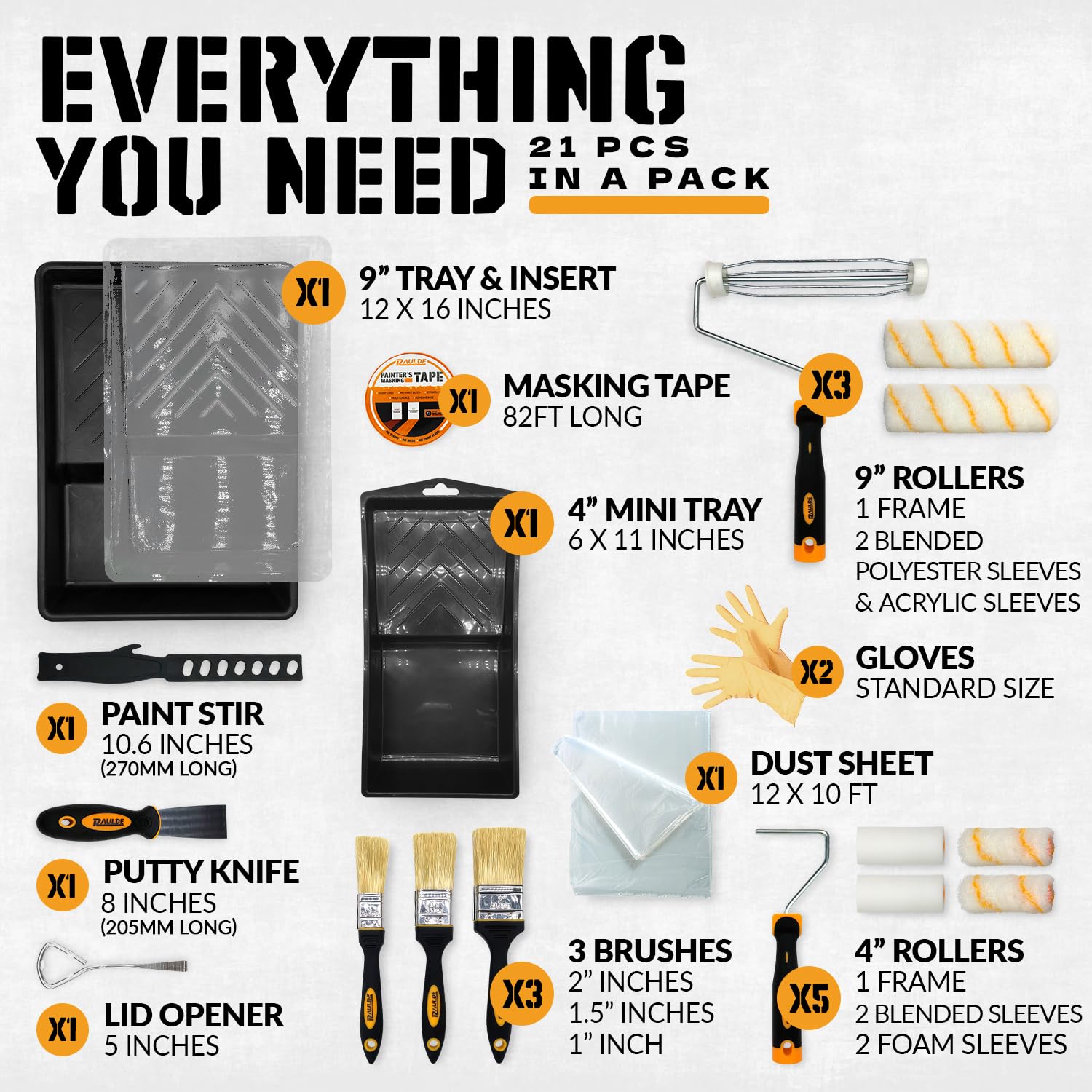 RAULDE 10 Pieces Paint Roller Set - Includes a Paint Tray, Brush, Large and Mini Rollers & Sleeves, Paint Repellent Masking Tape, Paint Mixer - Roller Set for Painting Walls, Edges & Ceilings