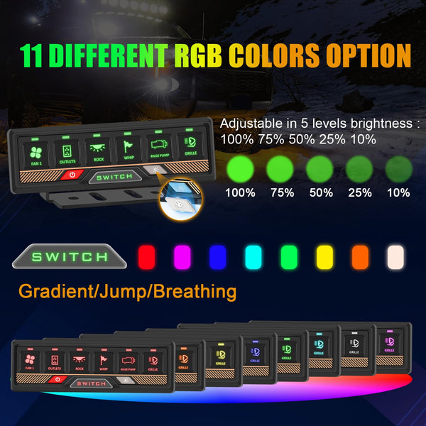 Chelhead RGB 6 Gang Switch Panel with APP Control, Universal Circuit Control Relay System, Multi-Function Bluetooth Remote Switch Panel, Compatible with Truck Boat SUV RV Trailer Marine ATV UTV