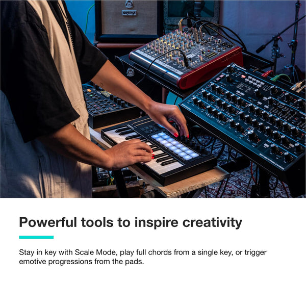 Novation Launchkey Mini 25 [MK4] — Portable 25 Mini-Key, USB, MIDI Keyboard Controller with DAW Integration. Chord Mode, Scale Mode, Drum Pads, and Arpeggiator. Includes Music Creation Software Bundle
