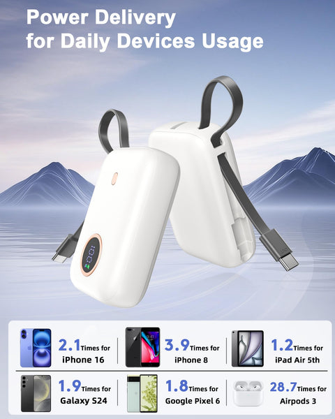 Power Bank Fast Charging 10000 mAh, 22.5W PD QC3.0 High-Speed Portable Charger, PowerBank With Built In Cable USB C, Pocket-Sized Battery Pack for iPhone 16/15, Samsung S23/S24 and More (Jet Black)