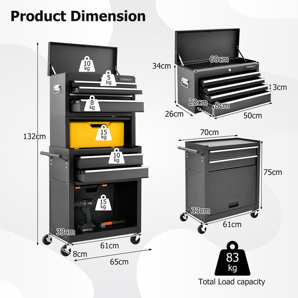 COSTWAY Large Rolling Tool Cabinet, 2-in-1 Detachable Metal Tool Chest with Drawers, Wheel, Handle, Hooks & Pegboard, Lockable Tool Box Trolley for Garage Workshop (with Middle Compartment, Black)