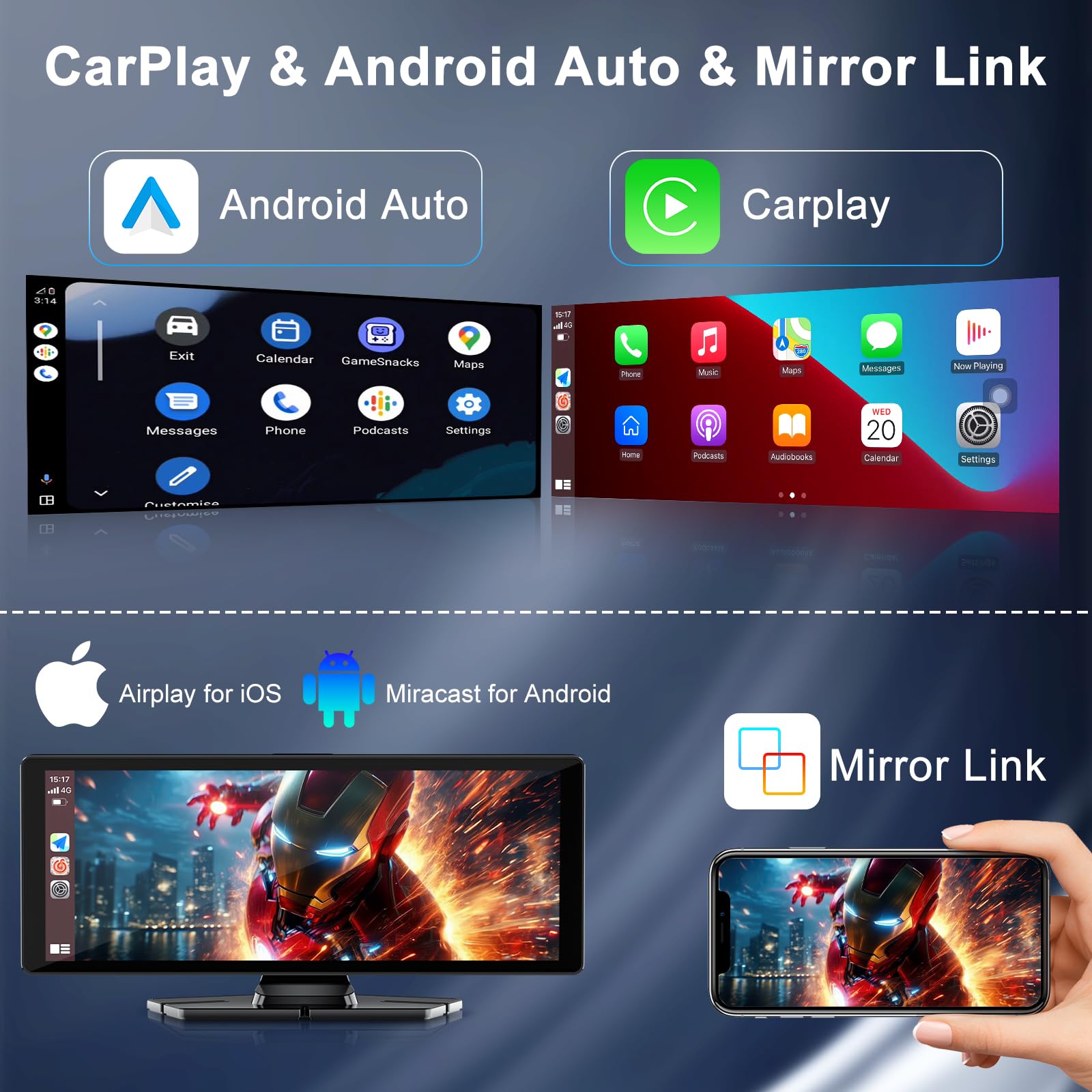 10.26" Wireless Car Stereo for Apple Carplay & Android Auto with 1080P Backup Camera, Touchscreen Car Play Screen with GPS Navigation & Voice Control, Mirror Link,Dual Bluetooth,FM Transmission,AUX