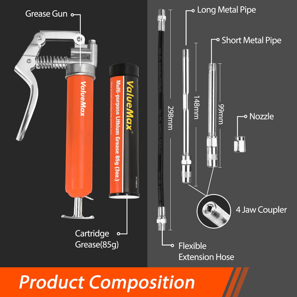 ValueMax Mini Grease Gun Kit, Pistol Grip 3500PSI Grease Gun with 85g Cartridge Grease, with Flexible Hose, Metal Pipes, Couplers and Nozzles