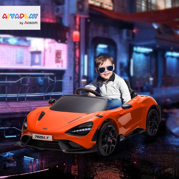 AIYAPLAY McLaren 765LT Licensed Electric Car for Kids with Butterfly Doors, 12V Kids' Electric Ride on with Remote Control, Transport Wheels, LED Lights, MP3 Music, Horn, for 3-6 Years, Orange