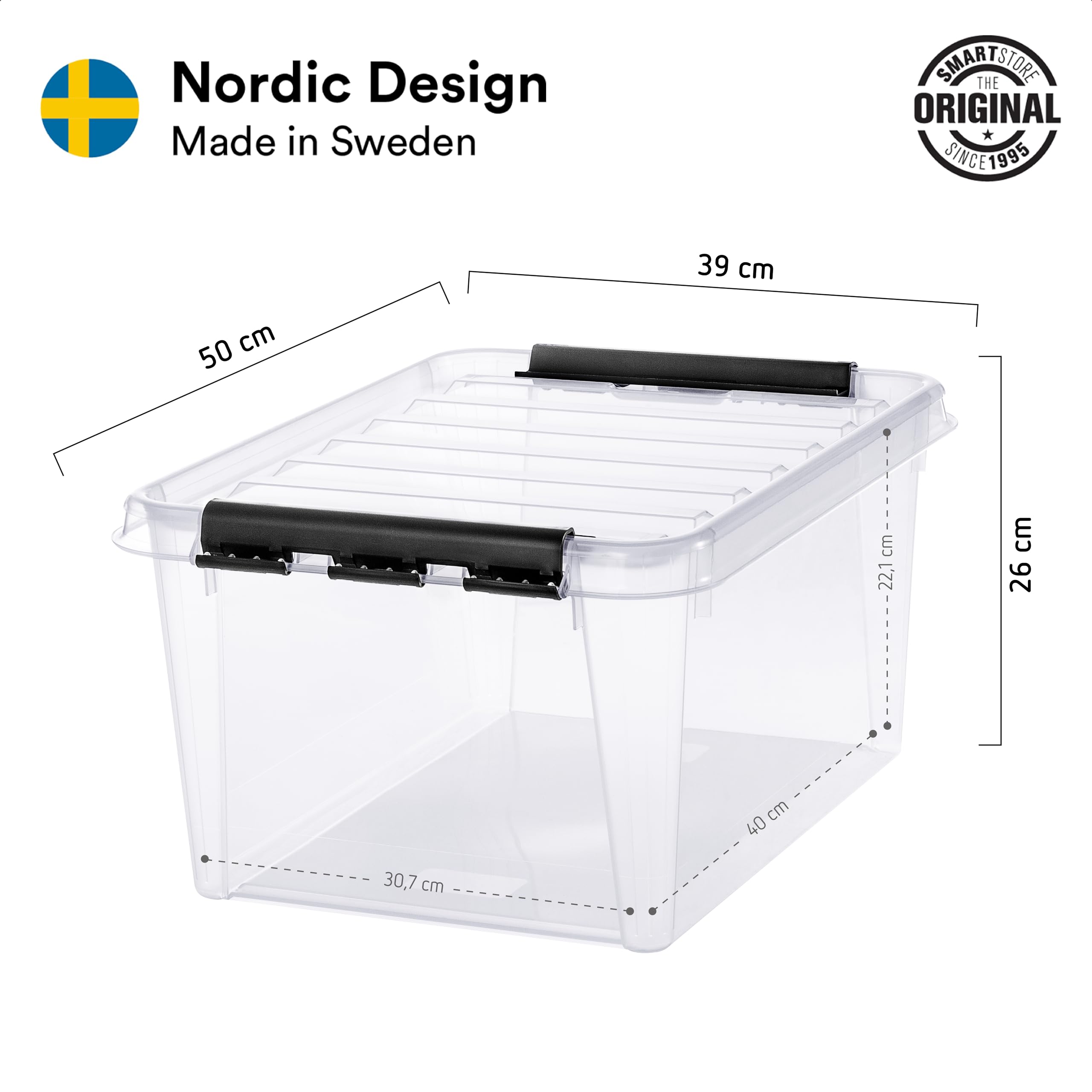 SmartStore 32L Clear Plastic Storage Boxes, 3 Pack, Reinforced, 10 Year Guarantee, Food Safe, Clip Locked, Stackable and Nestable, BPA Free L50 x W39