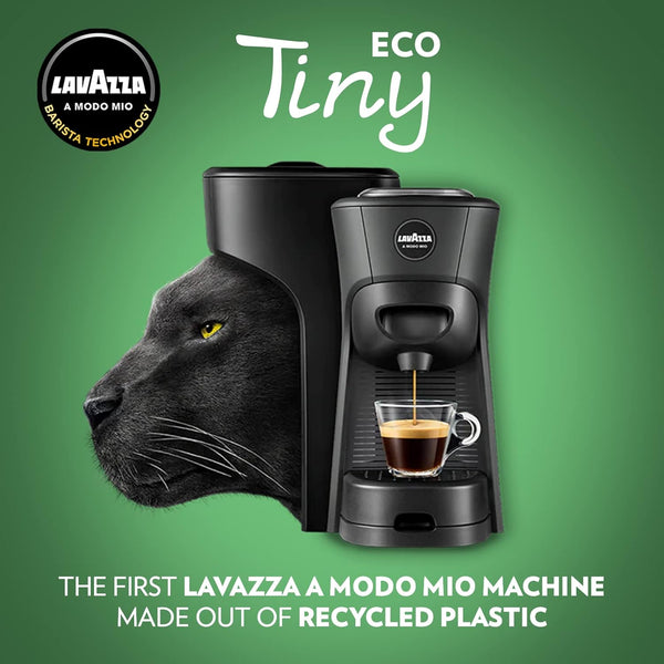 Lavazza, A Modo Mio Tiny Eco, Coffee Capsule Machine, Compact, Compatible with A Modo Mio Coffee Pods, with Automatic Shut-Off, Removable and Adjustable Cup Rest, 1450 W, 220-240 V AC, 50-60 Hz, Black